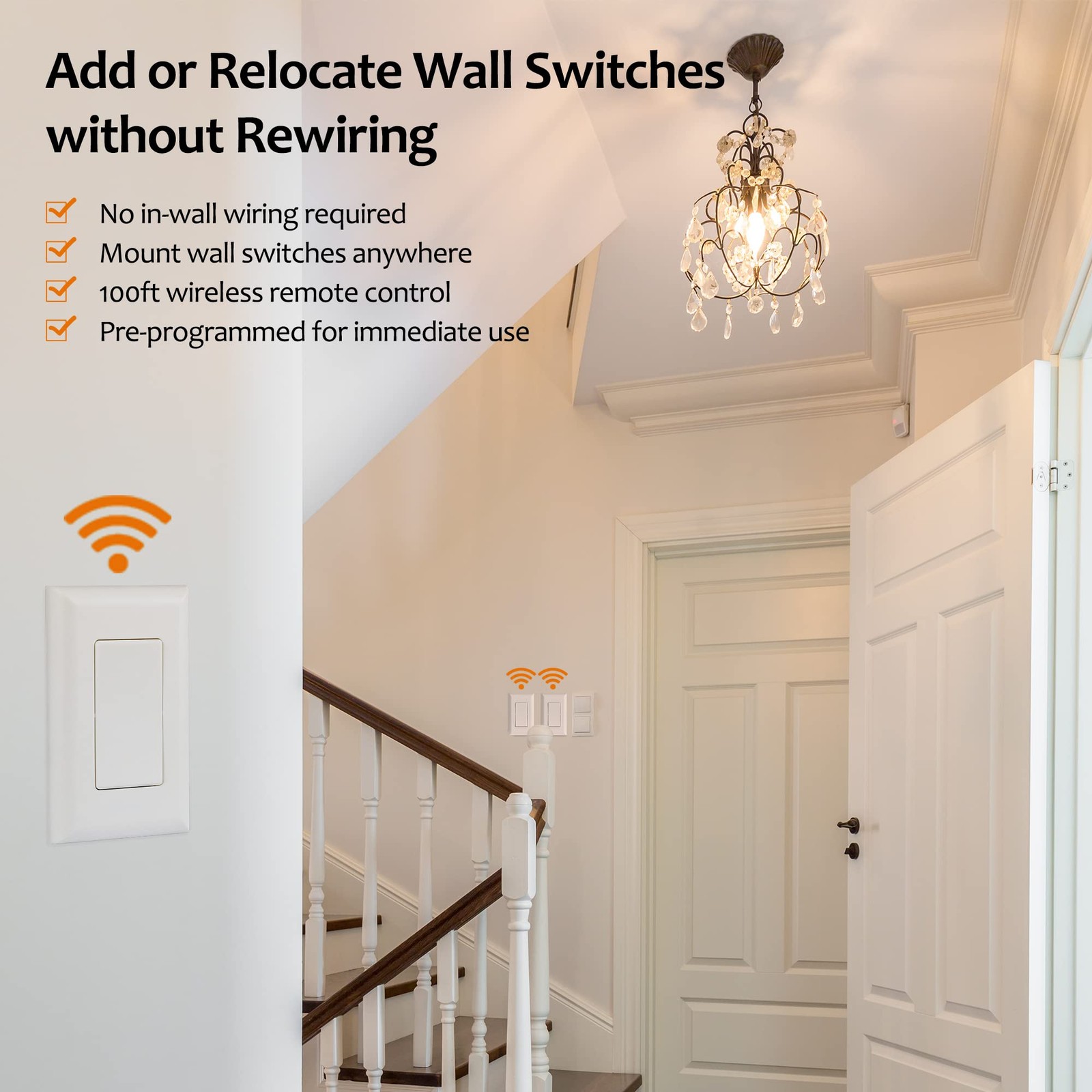 Wireless Light Switch and Receiver Kit, 15A High Power, No Wiring, 100ft RF R...