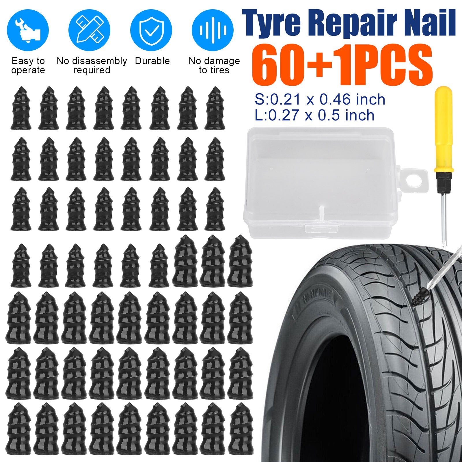 60PCS Car Vacuum Tire Repair Nails Rubber Screw Nail + Screwdriver Fast Tool Set