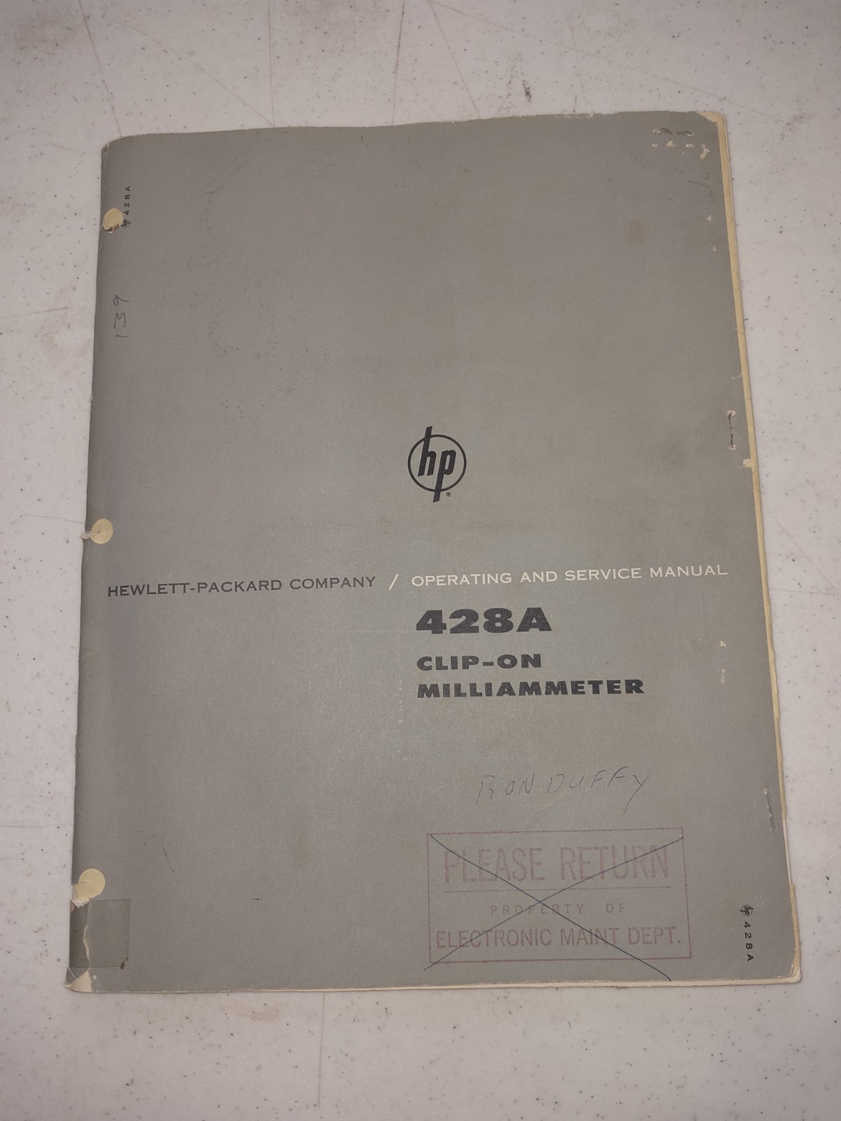 Original HP 428A Clip-on Milliammeter operating and service manual