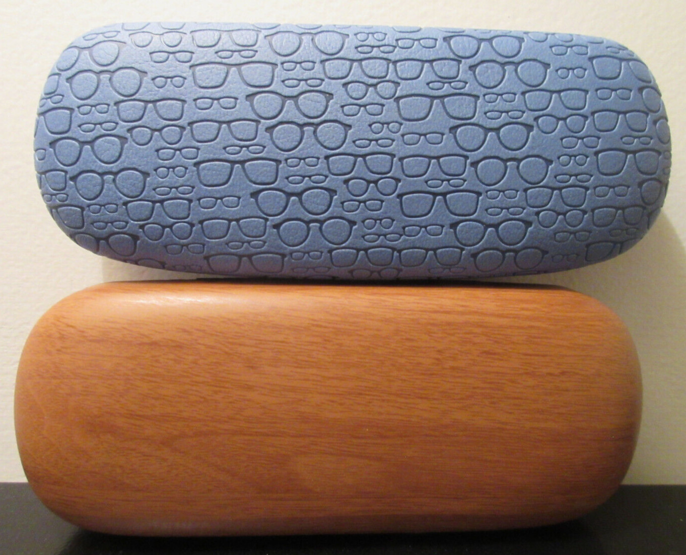 2 Eyeglass Sunglass Glasses Hard Cases Brown Wood Grain Blue Eyeglass Embossed