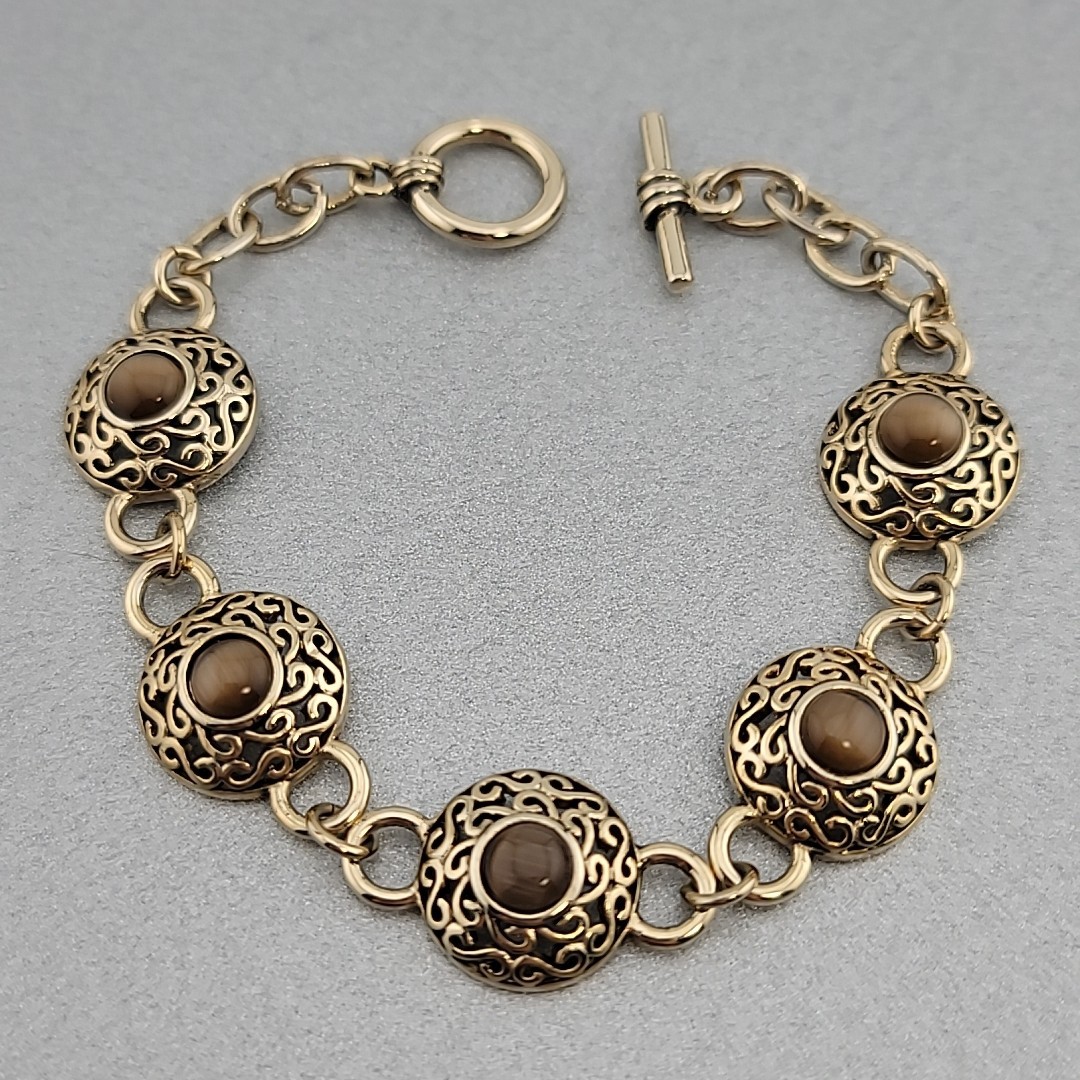 Goldtone Brown Cat's Eye Glass Bead Link 7.5" Toggle Bracelet