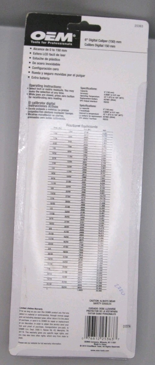 OEM 6" Digital Caliper 25363 No Battery