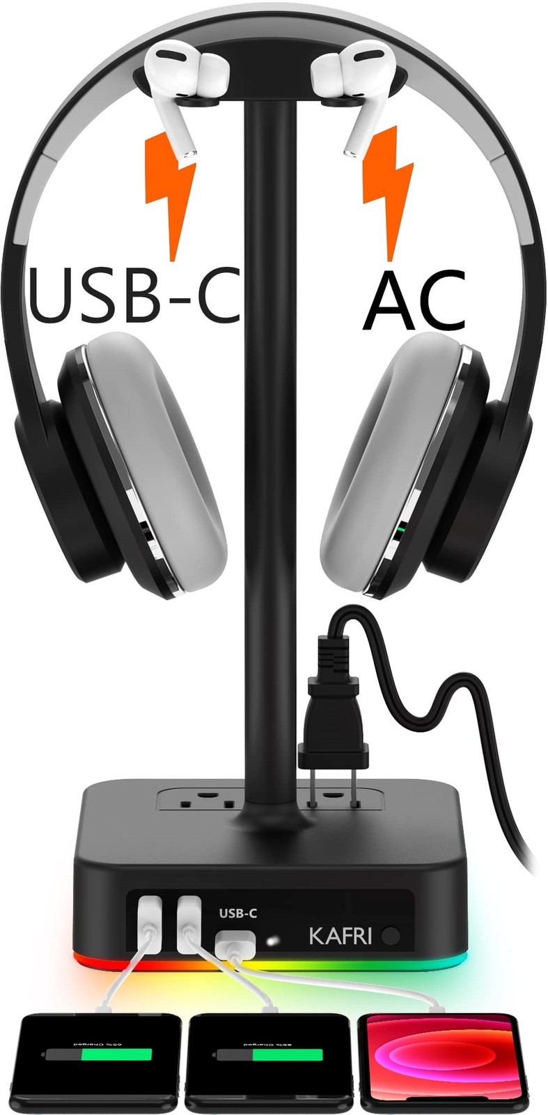RGB Headphone Stand USB A&C Charger Desk Gaming Headset Holder 3 Port 2 Outlet