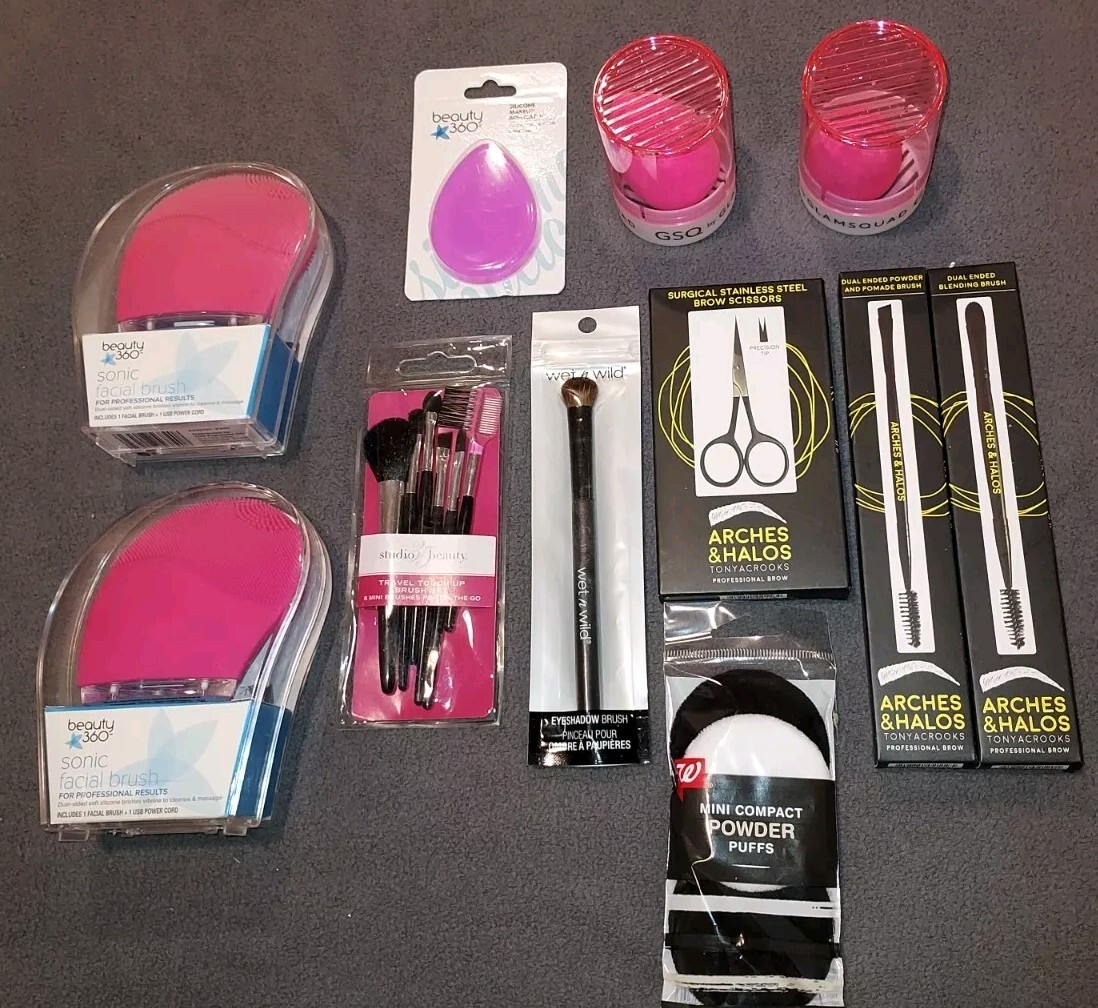 Lot of New Facial and Makeup Accessories - Brushes, Applicators, Scissors, Puffs