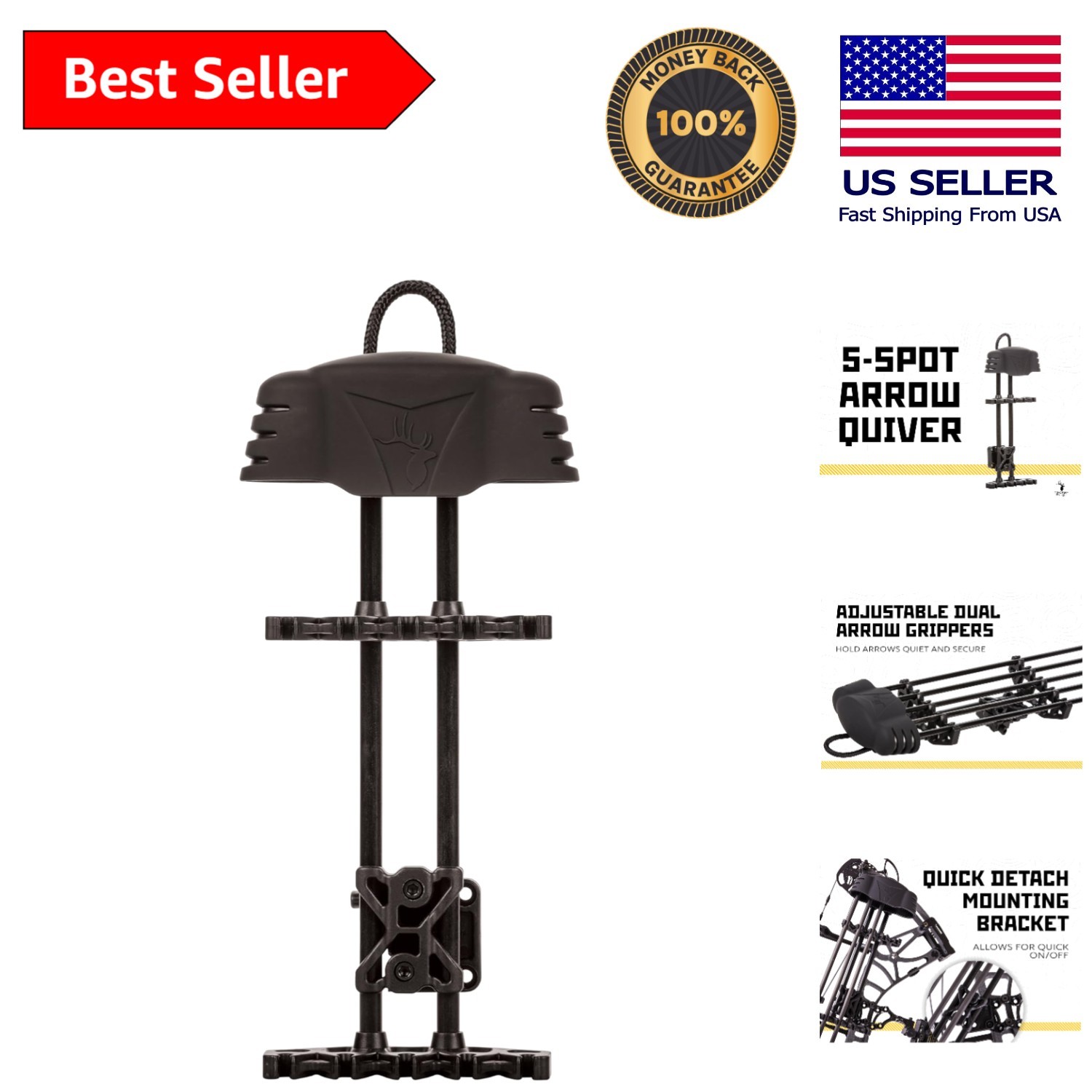 5-Spot Archery Arrow Quiver in Black - Quiet, Secure, and Lightweight Design