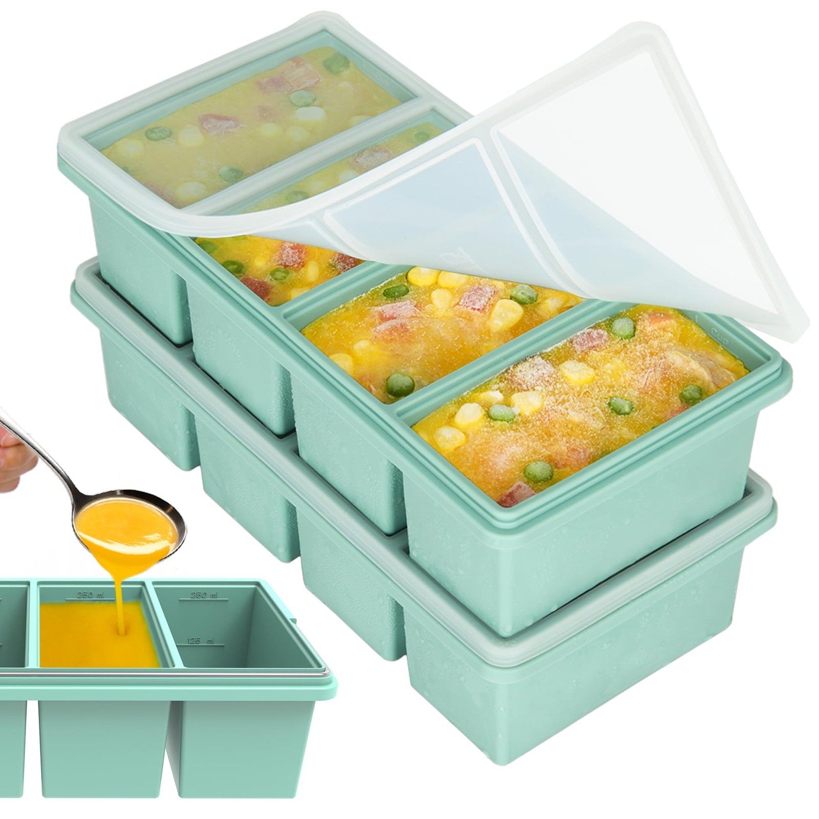 Silicone Freezer Trays with Lids, 1-Cup Soup Large Cube Ice Tray, Green