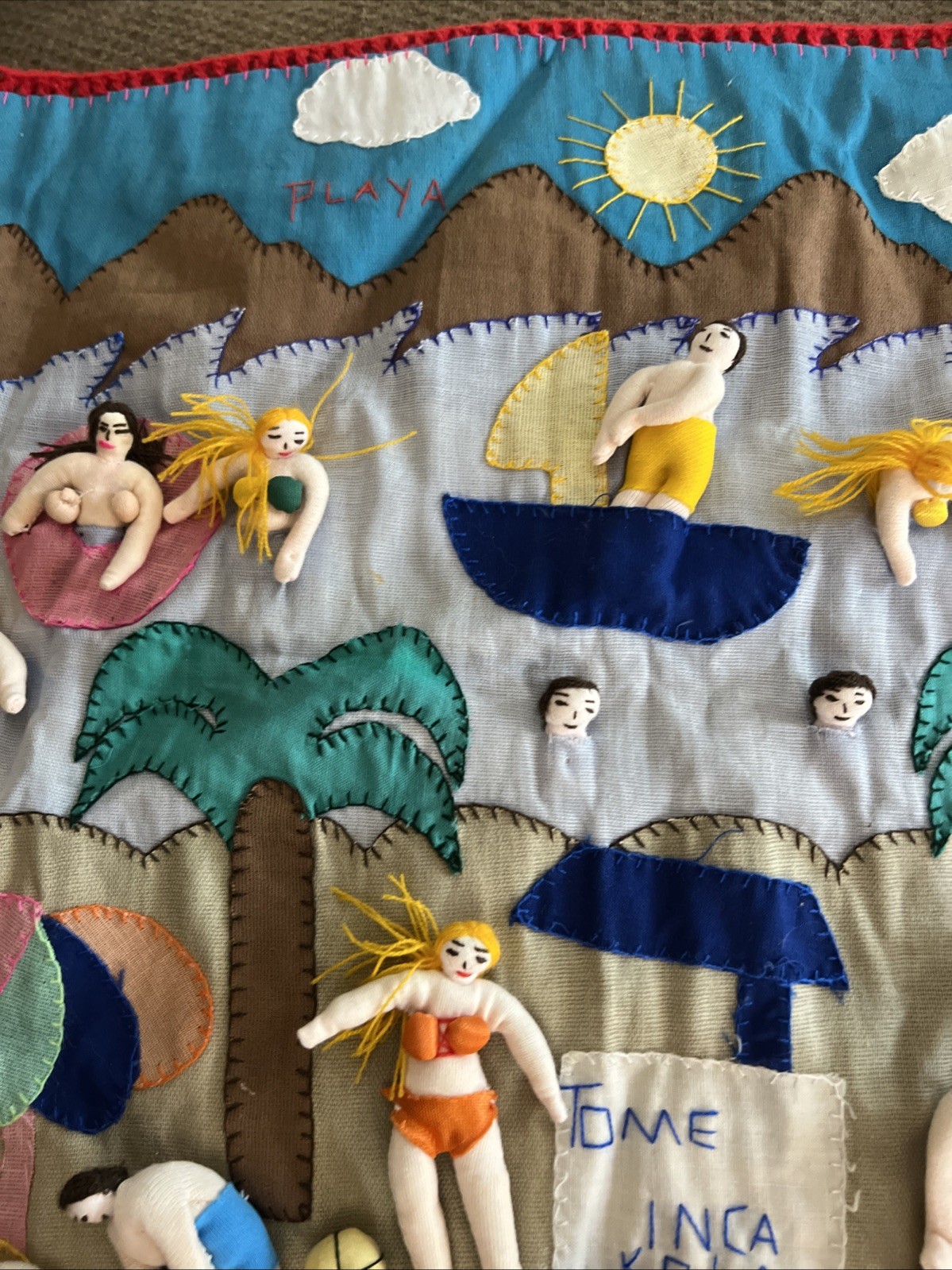 Beach Arpillera Patchwork 3D Handmade Wall Art Quilted Wall Hanging 19”