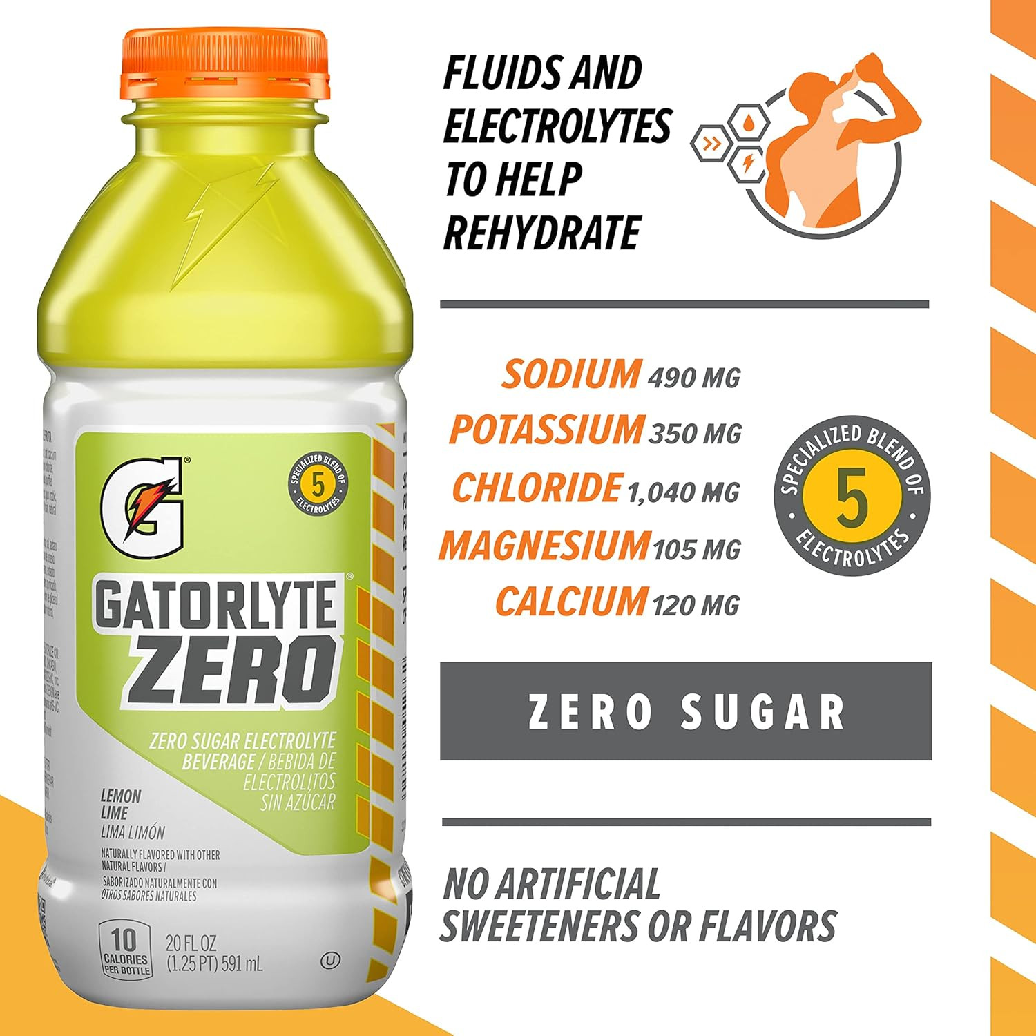 Gatorlyte Zero Sugar Lemon Lime Electrolyte Drink, 12 Pack, 20 Fl Oz Bottles