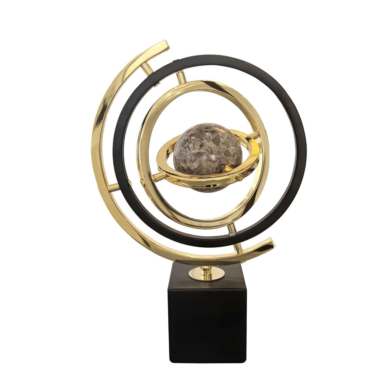Modern Orbital Planet Sculpture, Gold and Black Metal Stand, Decorative Moon ...