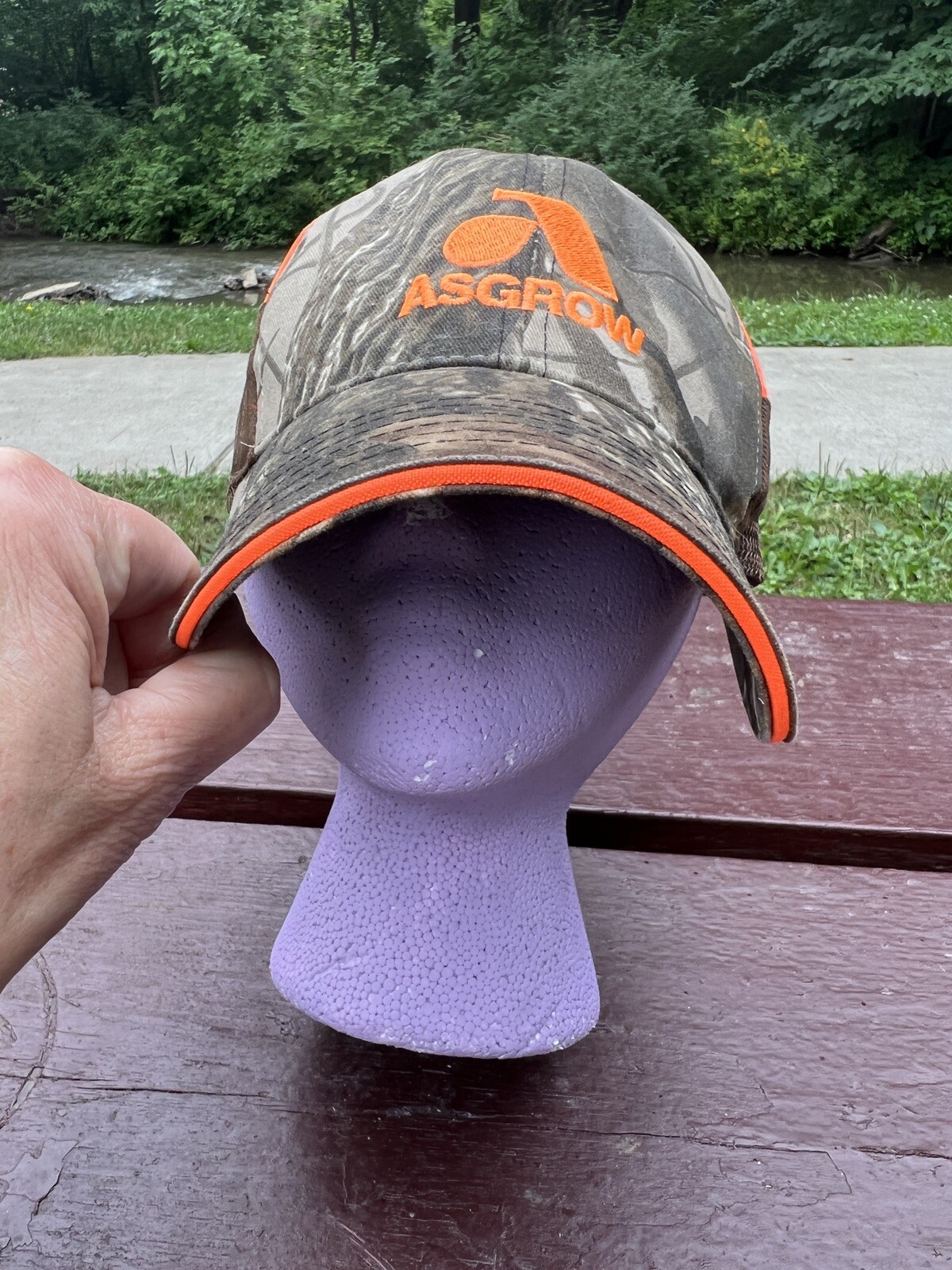 ASGROW Camouflage Cap/Hat w/ Fluorescent Orange Accents. Mesh, Adj. EUC