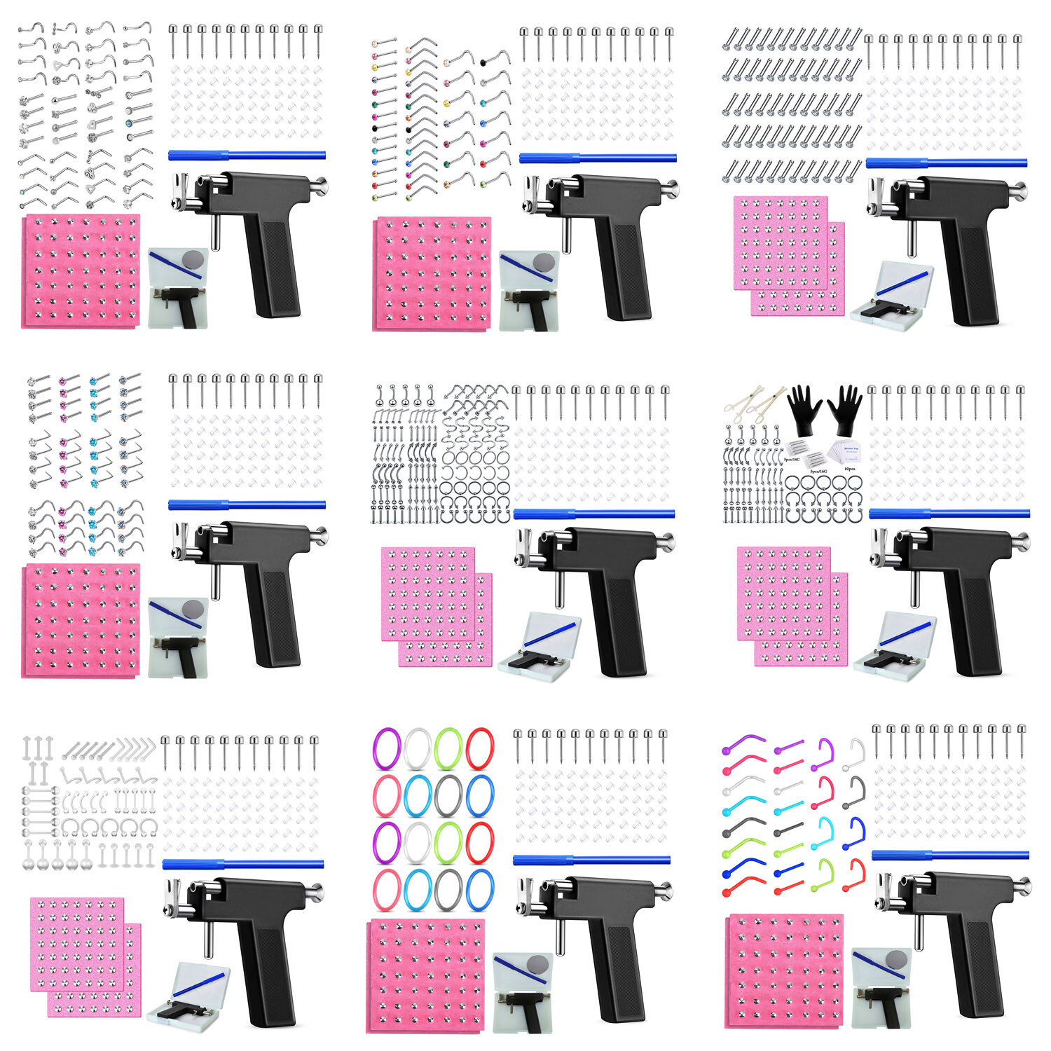 98-208PC Body Piercing Gun Kit Ear Lip Nose Navel Stud Ring DIY Tool Jewelry Set