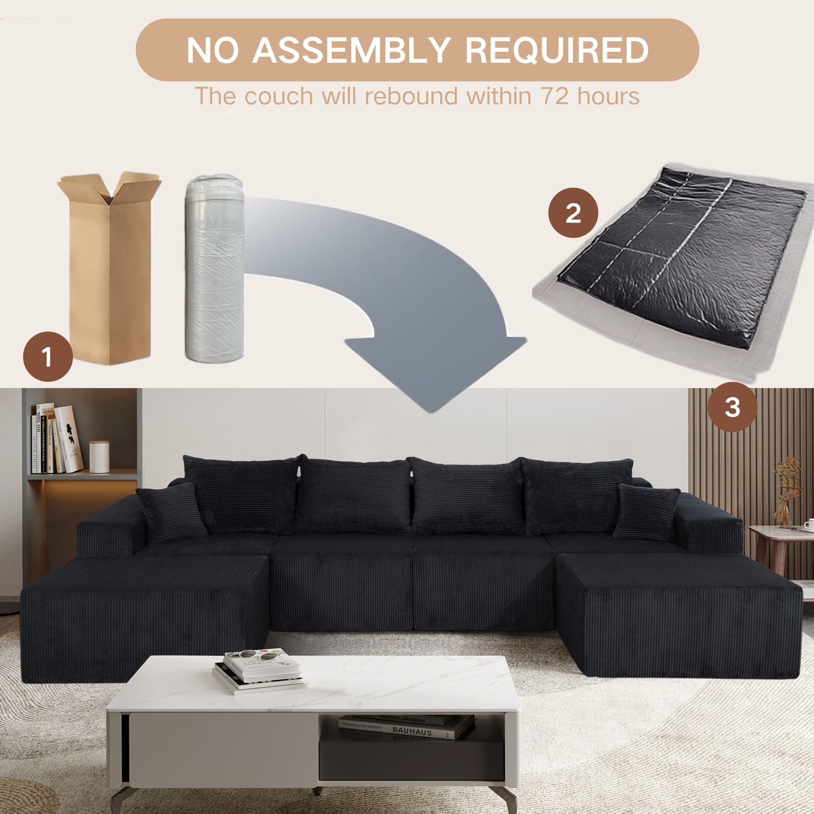 (Old SKU:W3163S00040)6-Piece Modular U-Shaped Sectional Sofa in Black, Convertib
