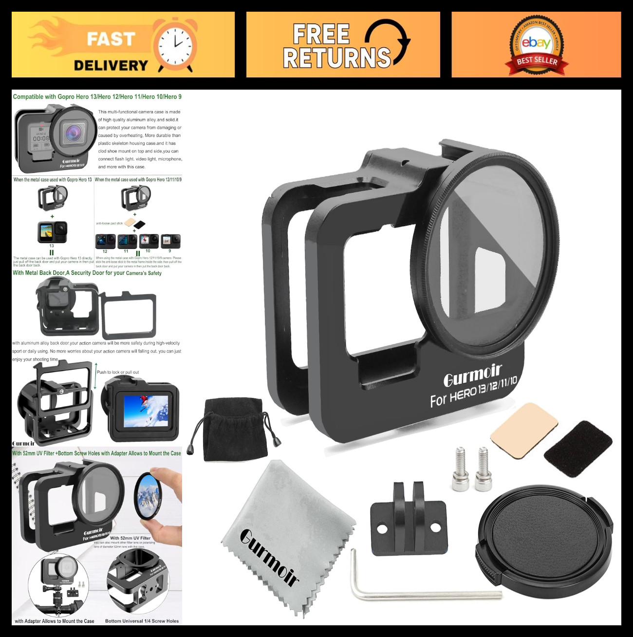 Metal Protective Case for GoPro Hero 13/12/11/10/9 - Aluminum Alloy Frame, Video