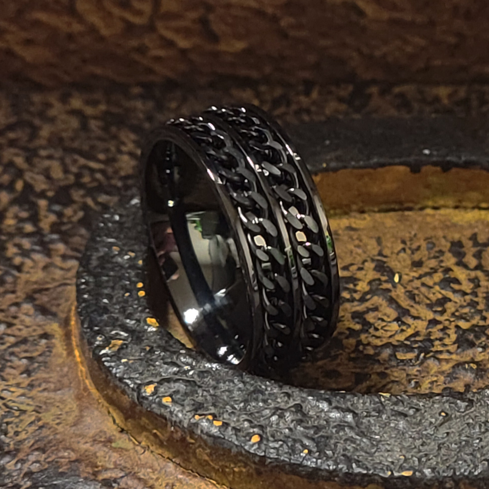 Men's Black Double Chain Spinner Promise Ring - Men's Anxiety Ring
