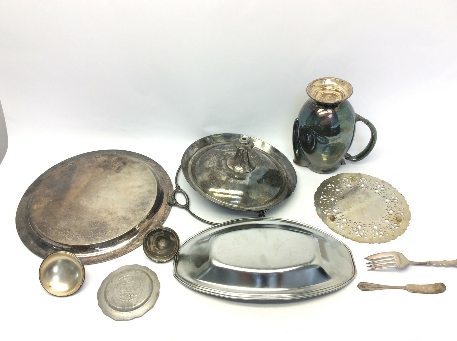 Mixed Vintage Lot Used Metal Silverplate Pewter Trays Pitcher Platters Parts
