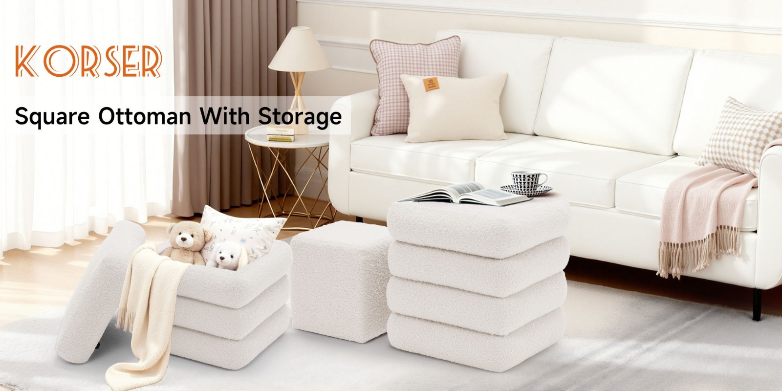 Korser Teddy Fabric Cloud Storage Ottoman with Hidden Storage Set of 2