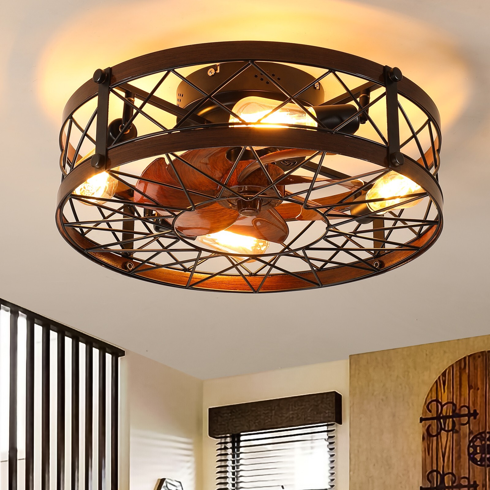 Caged Ceiling Fans with Lights Black, 20 inch Flush Mount Ceiling Fan Light