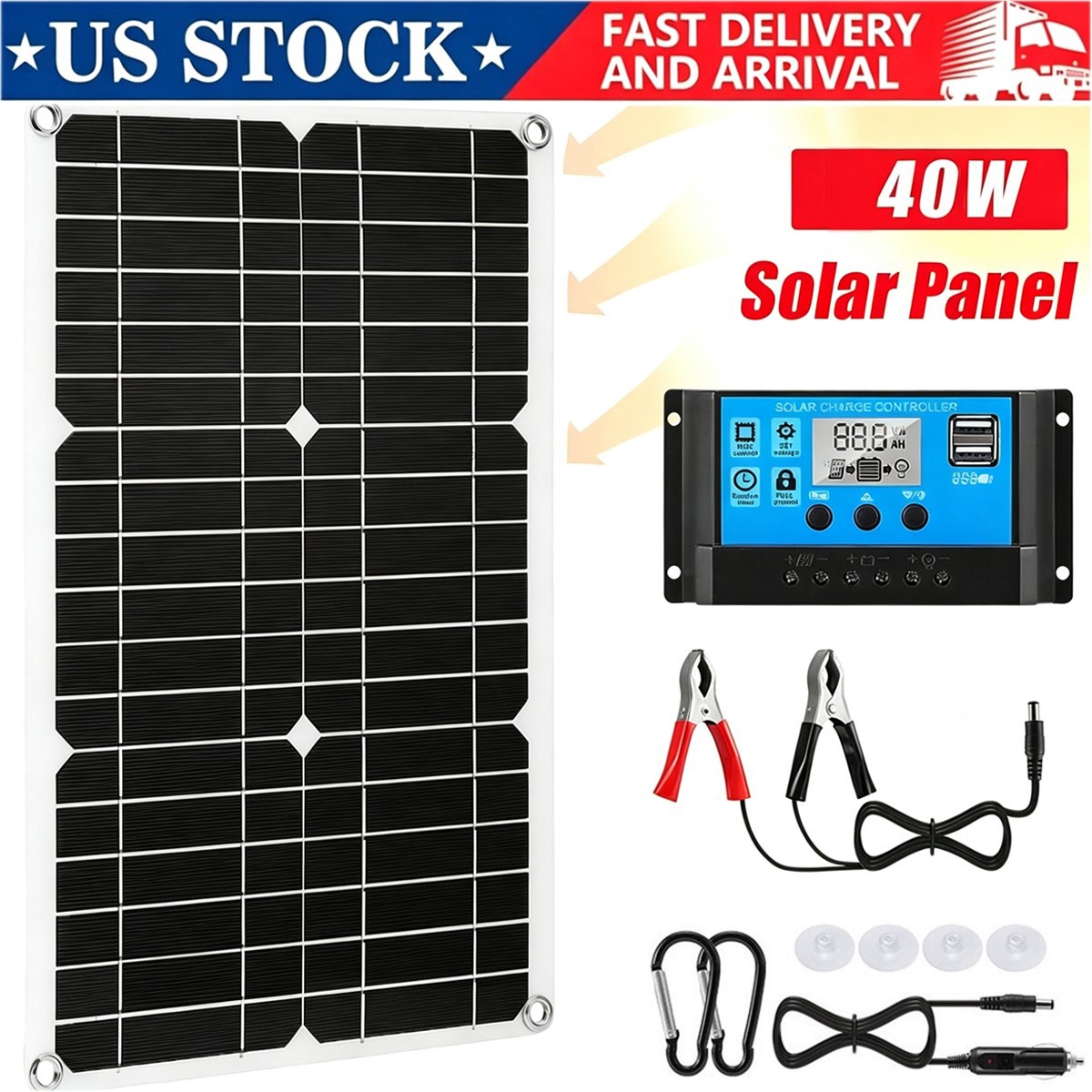 40W Solar Panel Kit 100A 12V Charger w/Dual USB Controller RV Caravan Boat
