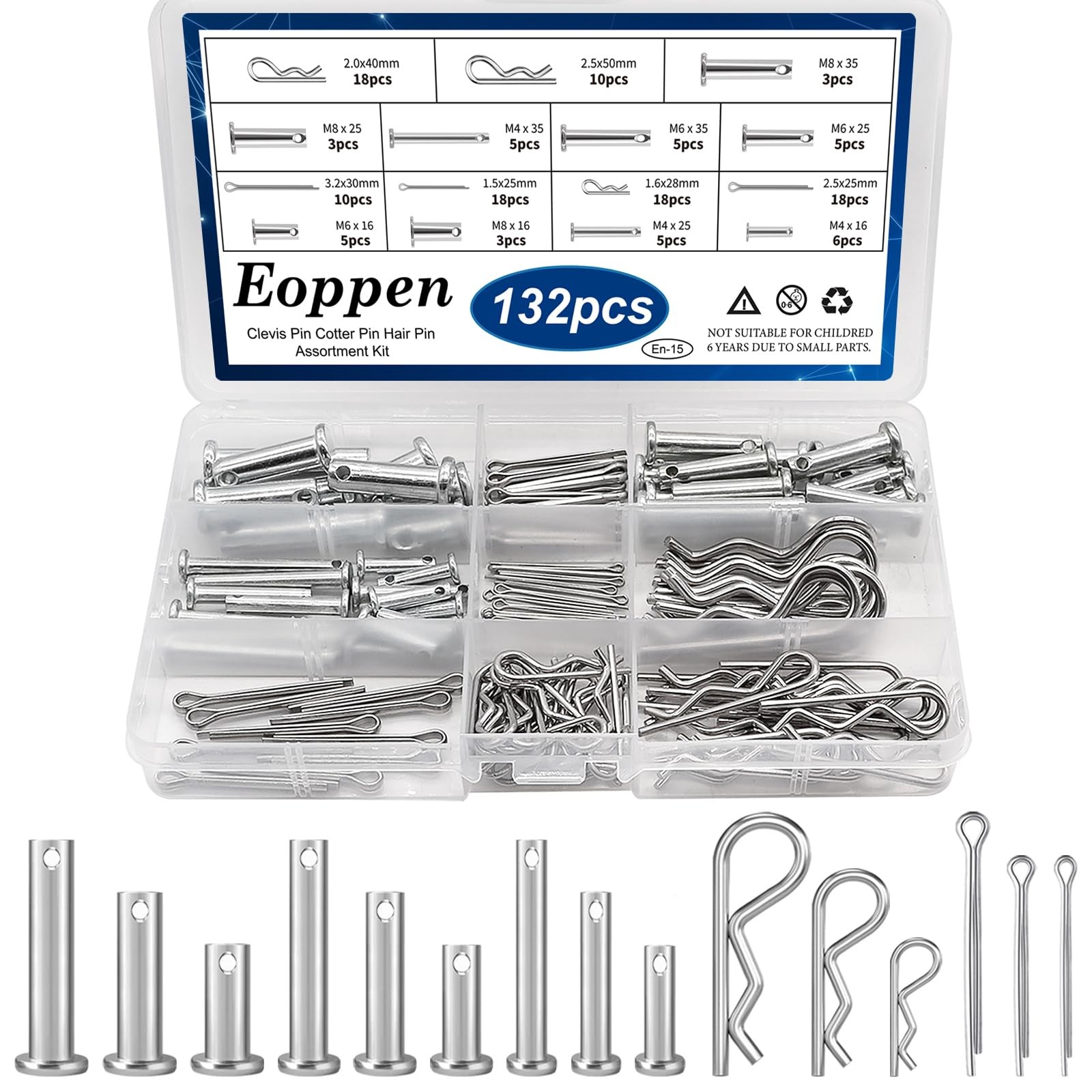 132Pcs Clevis Pin Cotter Pin Hair Pin Assortment Kit - 304 Stainless Steel 15...