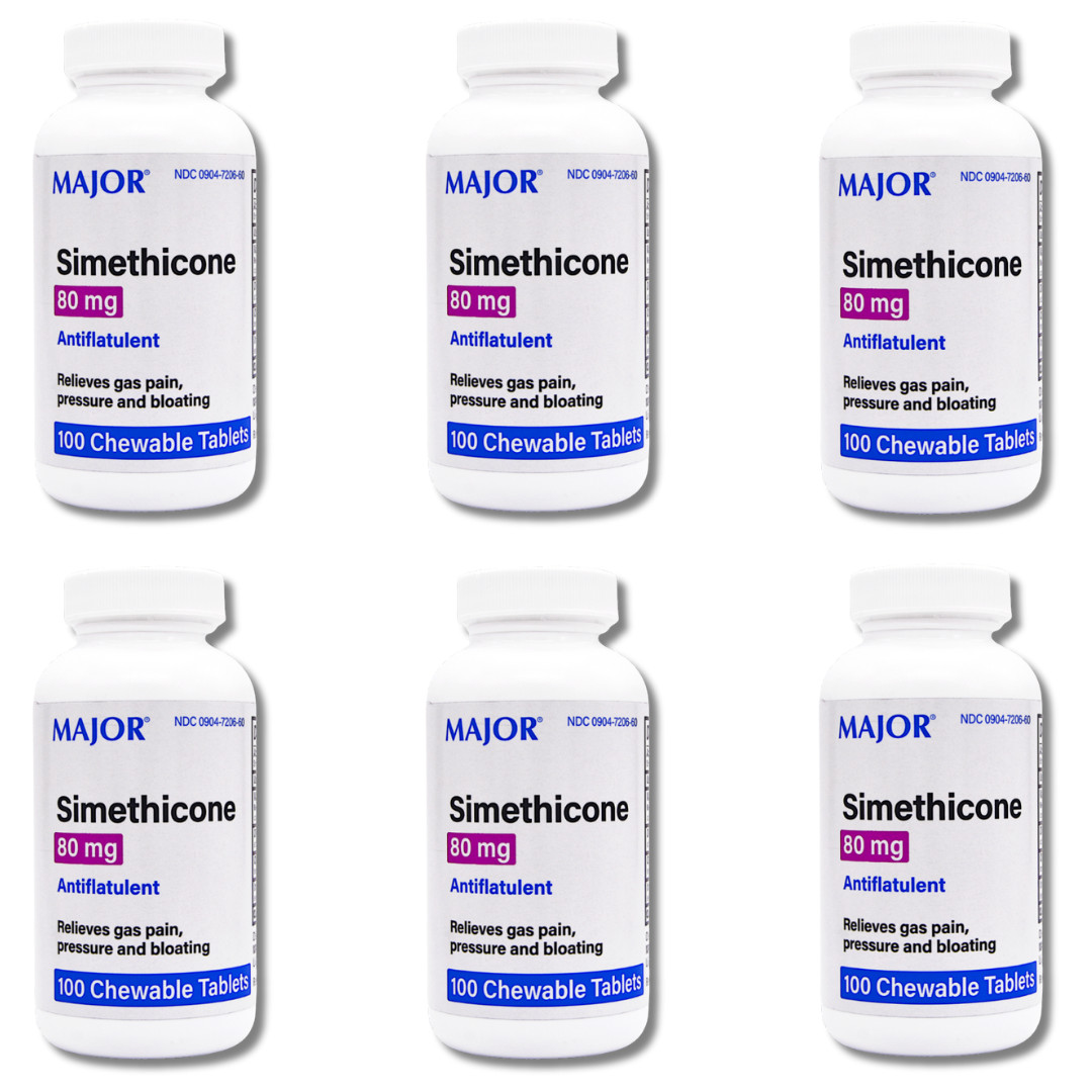 Major Simethicone 80 mg – 6 Pack (100 Chewable Mint Tablets) | Gas Relief 9-2027