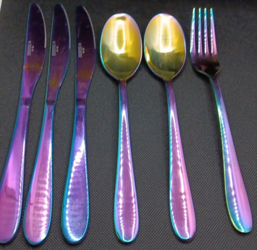 Lot Of 6 Cambridge Byram Rainbow Stainless Mixed Flatware Piece Lot