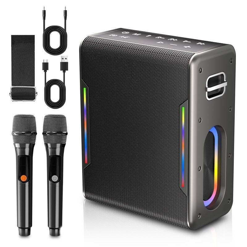 Karaoke Machine with Two Wireless Microphones, Powerful Portable Bluetooth Speak