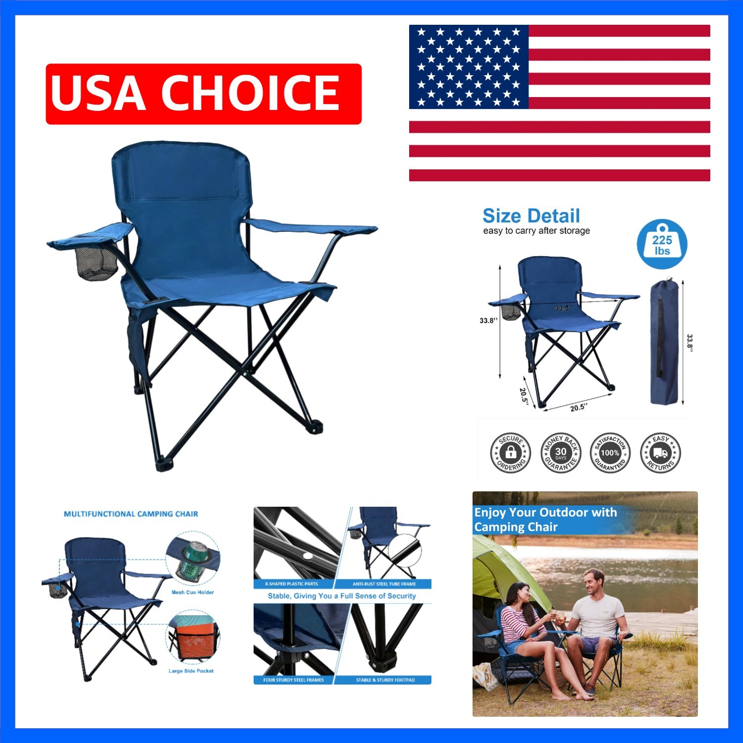 Foldable Camping Chair with Cup Holder, Storage Pocket, 225lbs Capacity, Wide...