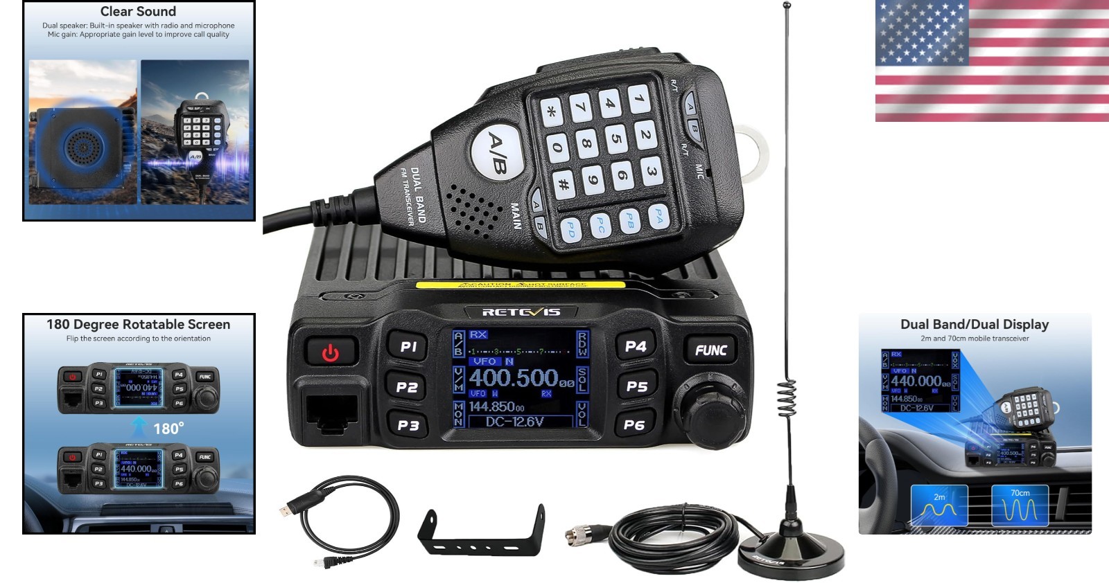 Dual Band Mobile Radio, Long Range Ham Radio with Antenna, 180 Degree Rotatab...