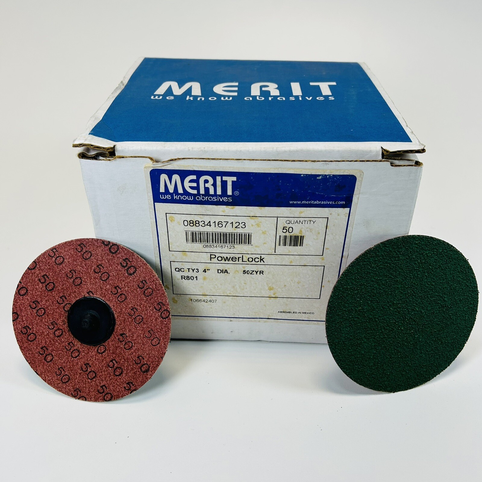 MERIT 4" PowerLock R801 Quick Change Sanding Discs 50 Grit - 08834167123 Qty 50