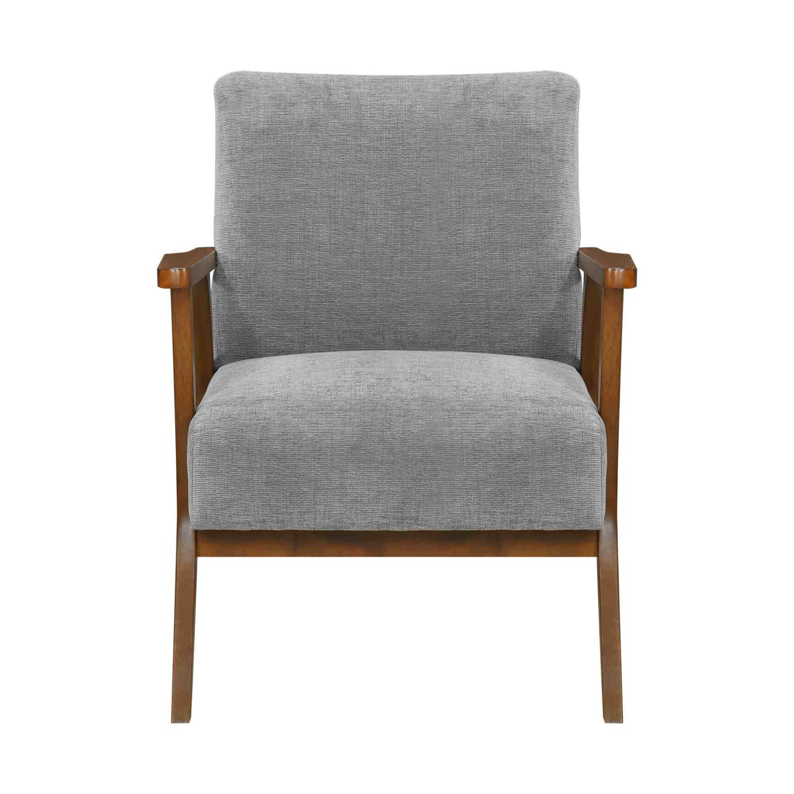 Chenille fabric accent armchair, solid rubber wood frame, chestnut finish
