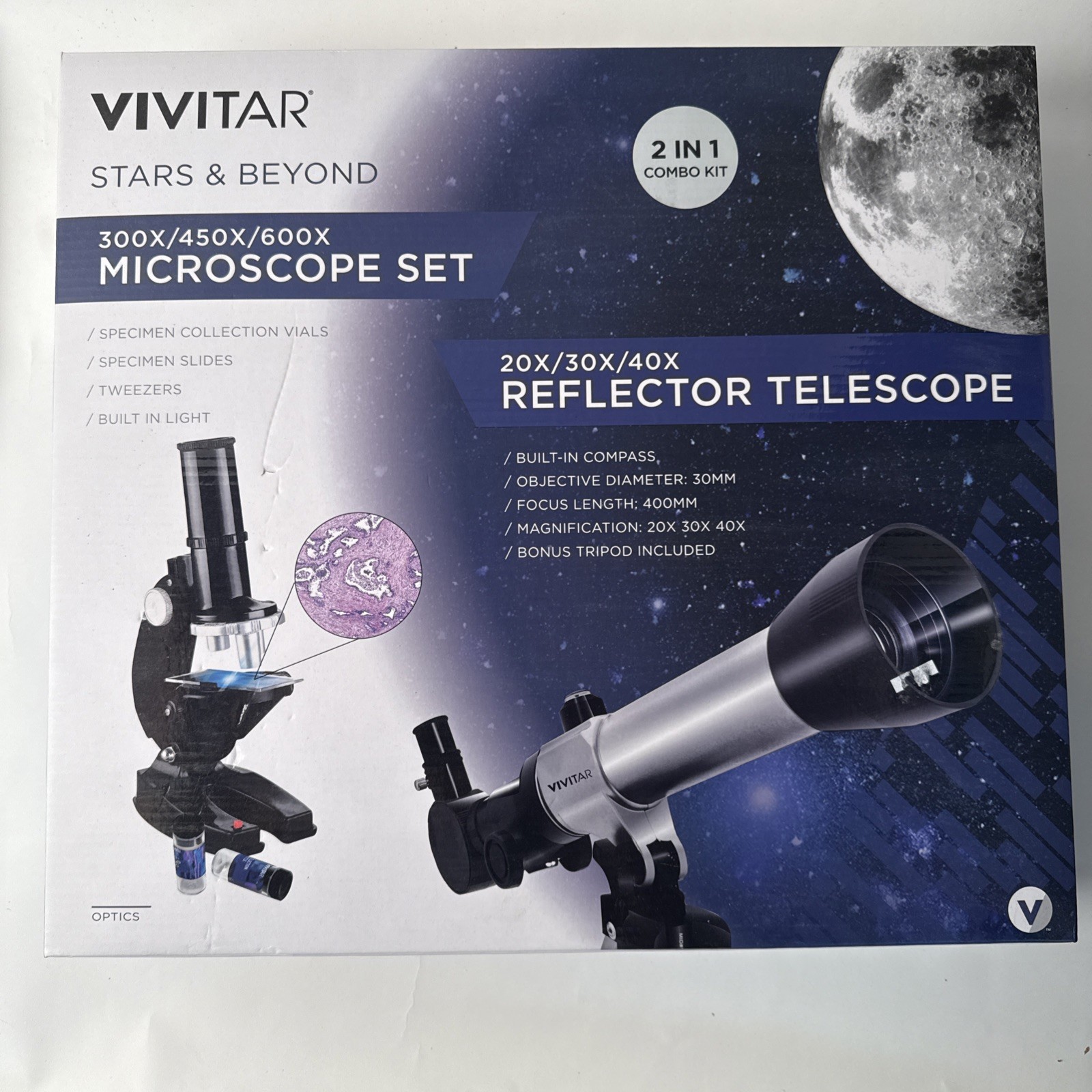 Vivitar 300x/450x/600x Microscope Set & 20x/30x/40x Refractor Telescope w/Tripod