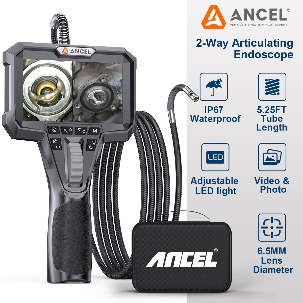 6.5mm Dual Lens Endoscope 210° Two-Way Articulating Borescope Inspection Camera