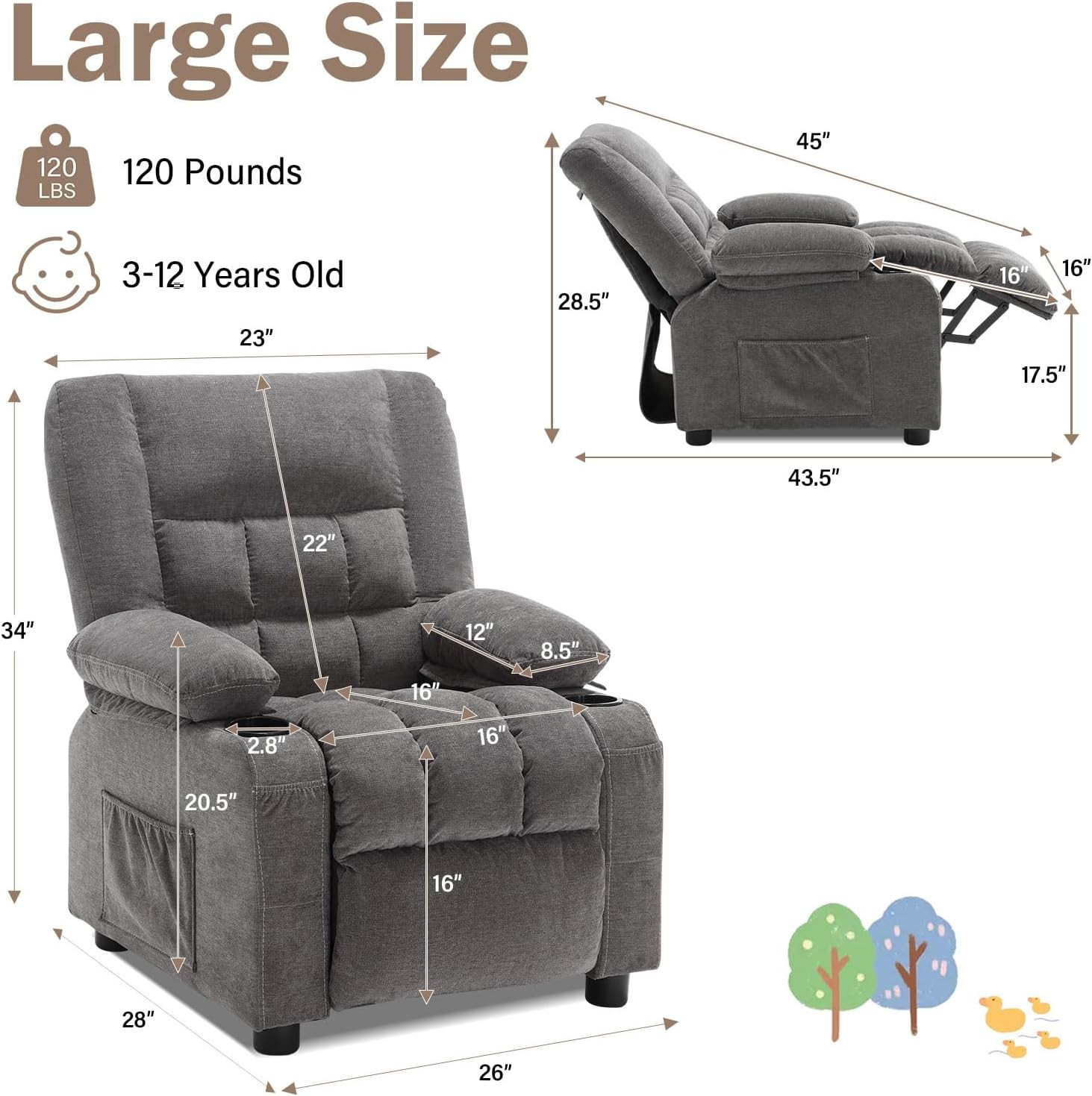 BOSMILLER Kids Recliner Chair， Push Back Toddler Recliner with Cup Holders & Sid