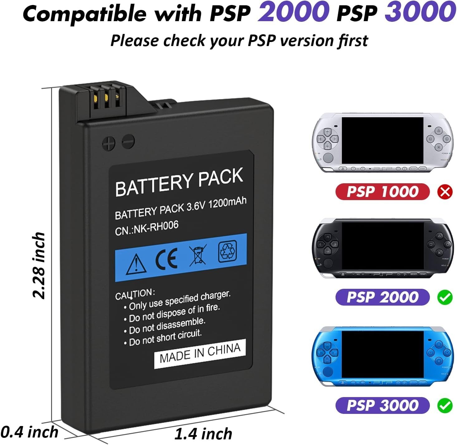 2Pcs Rechargeable Battery Pack Replacement for PSP 2000/3000/Lite/Slim Console,