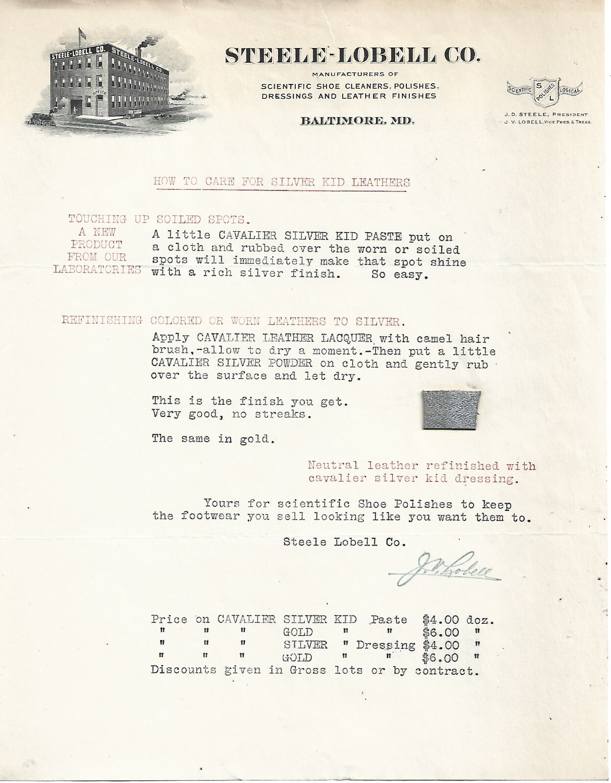 4 LOT~1925 STEELE-LOBELL CO. LETTERHEADS~BALTIMORE, MD~SHOE DYES REPAIR/MFG