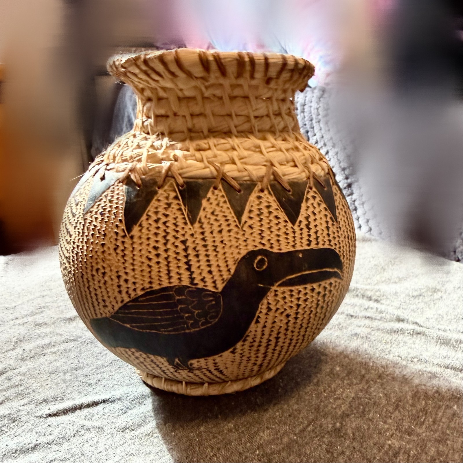 Vintage Wounan hand-woven basket from Panama Mid Century Modern