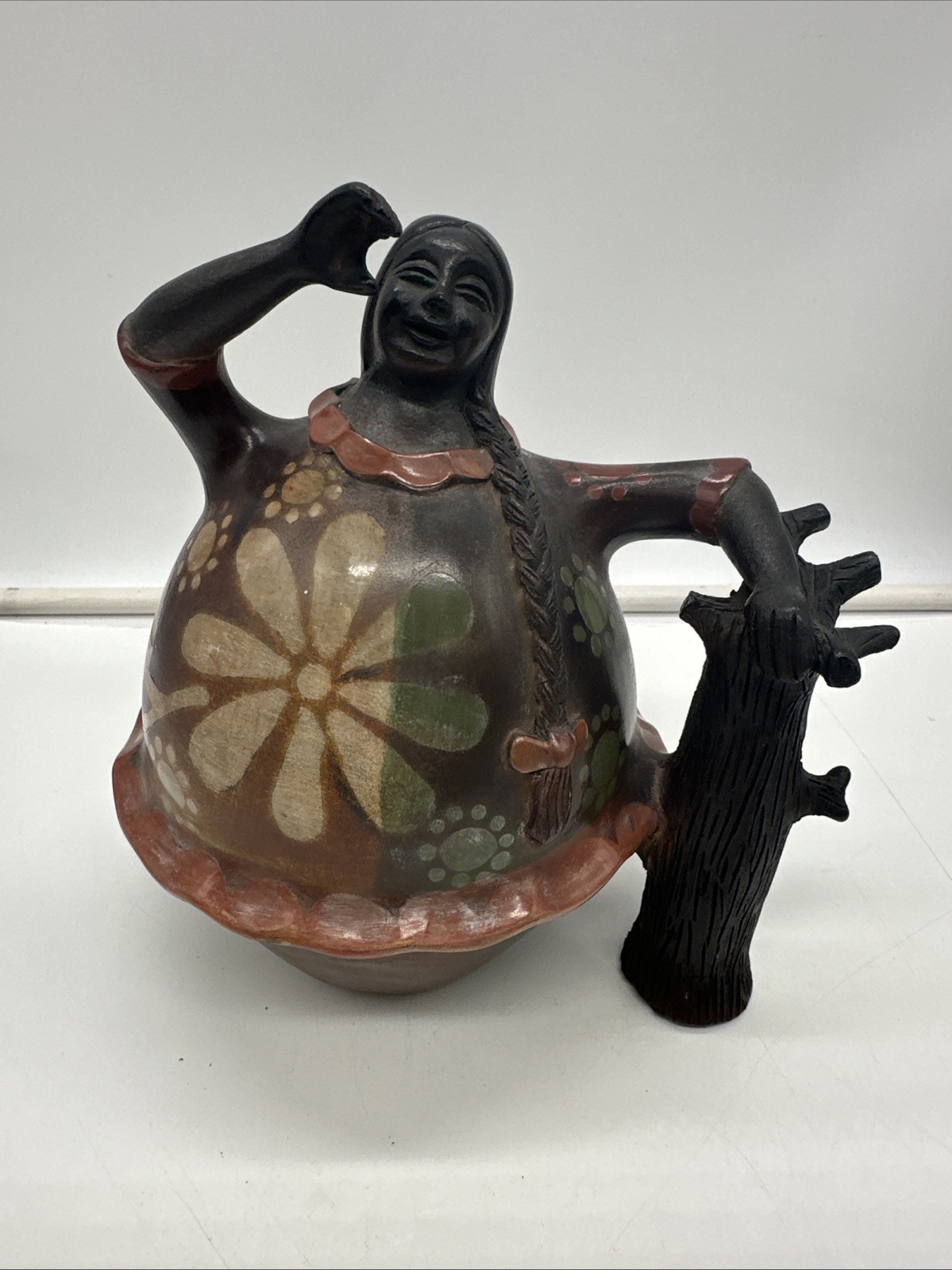 Vintage Peruvian Folk Art Chulacanas Woman Floral Tree Pottery Sandoval Rare