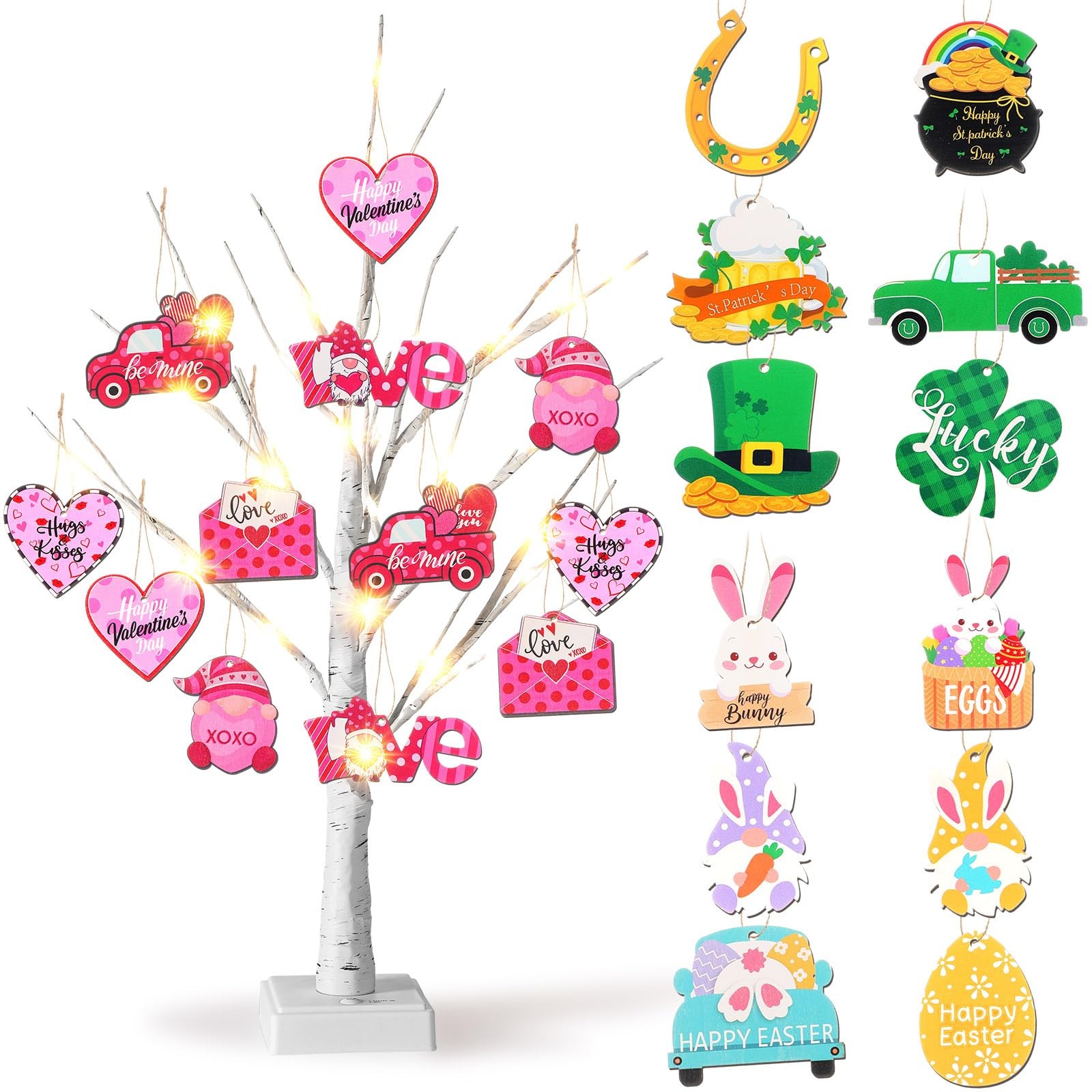 Jutom 24" Lighted Birch Tree with 36 Holiday Ornaments: Hearts, Shamrocks, Eggs