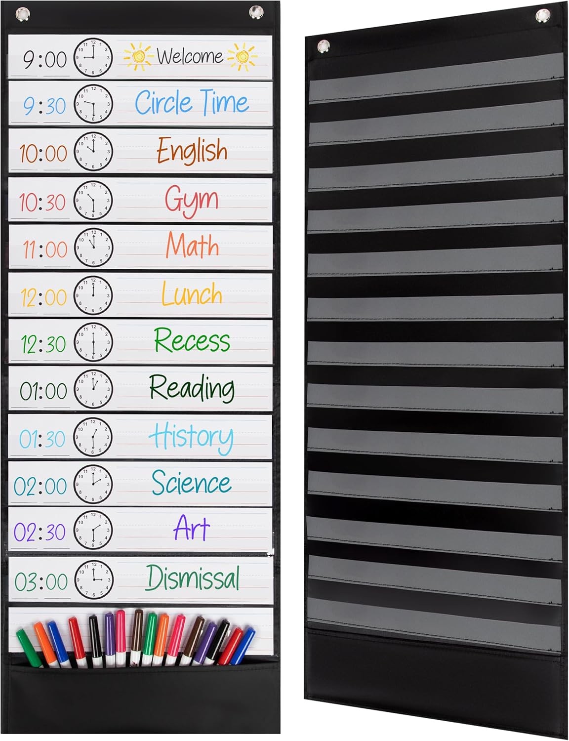 Essex Wares Daily Schedule Pocket Chart - 13 Pockets, Black