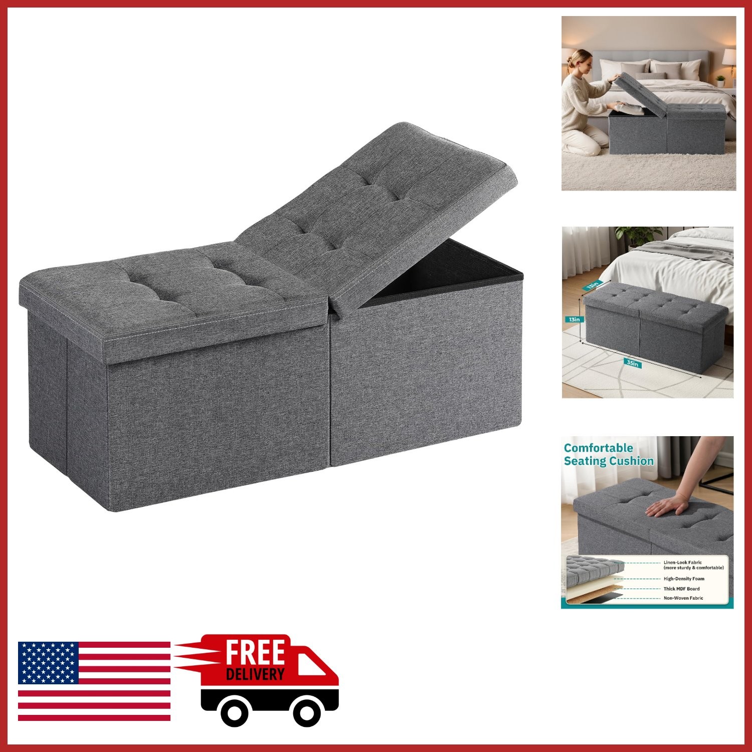 35-Inch Dark Gray Storage Ottoman Footrest Coffee Table for Home Organization