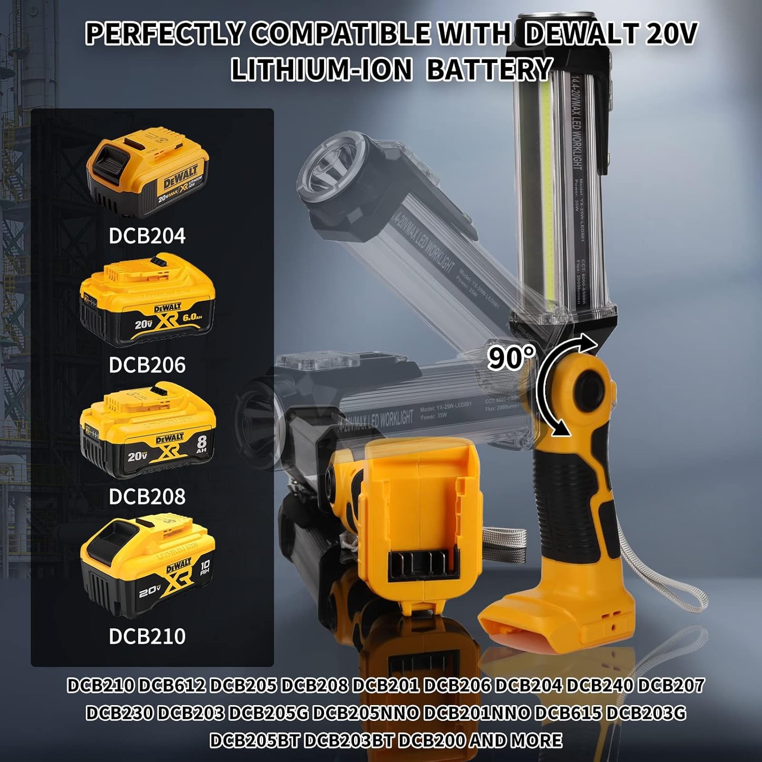 2000LM LED Work Light for Dewalt 20V Li-ion Battery 35W Flashlight for Camping