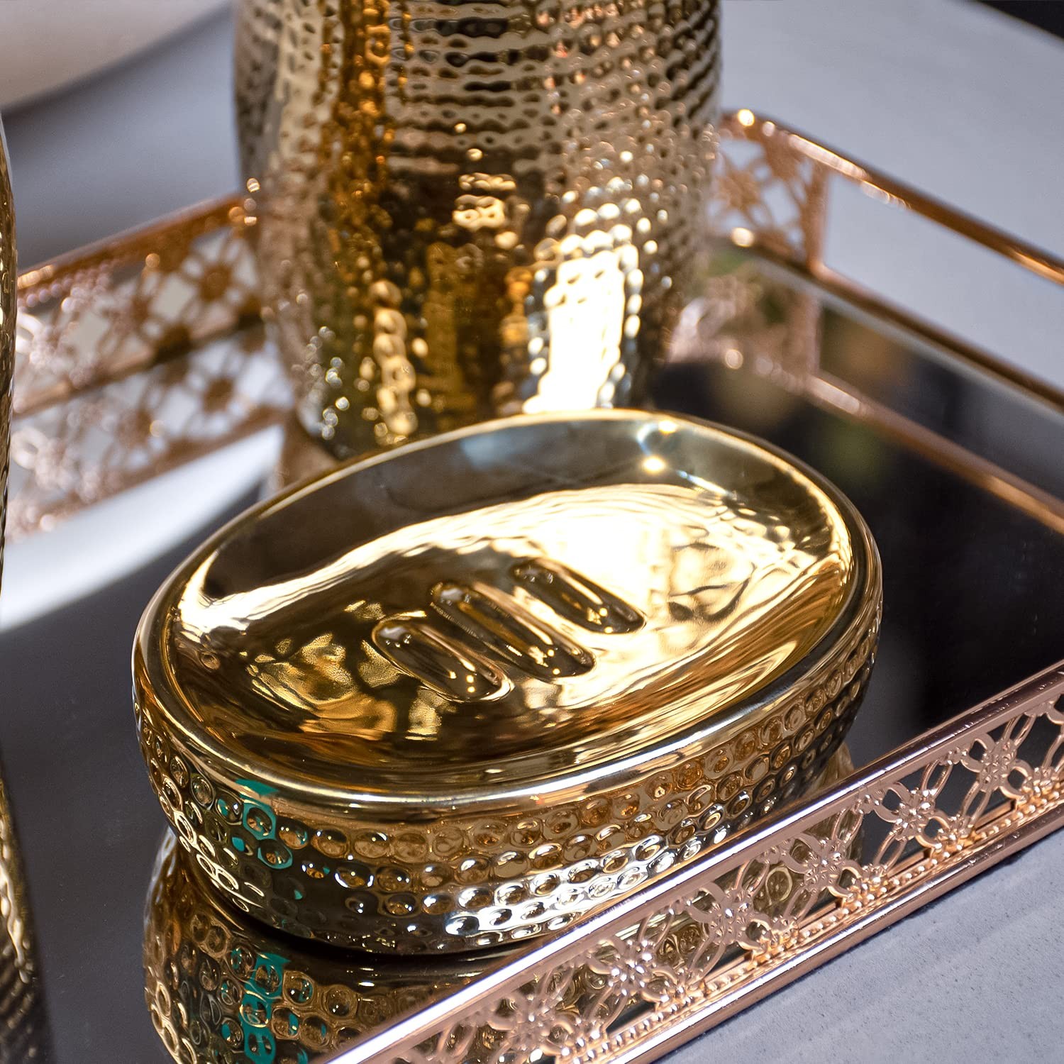 Gold Bathroom Accessory Set - 3 Piece Decorative Ceramic Bathroom Accessories S