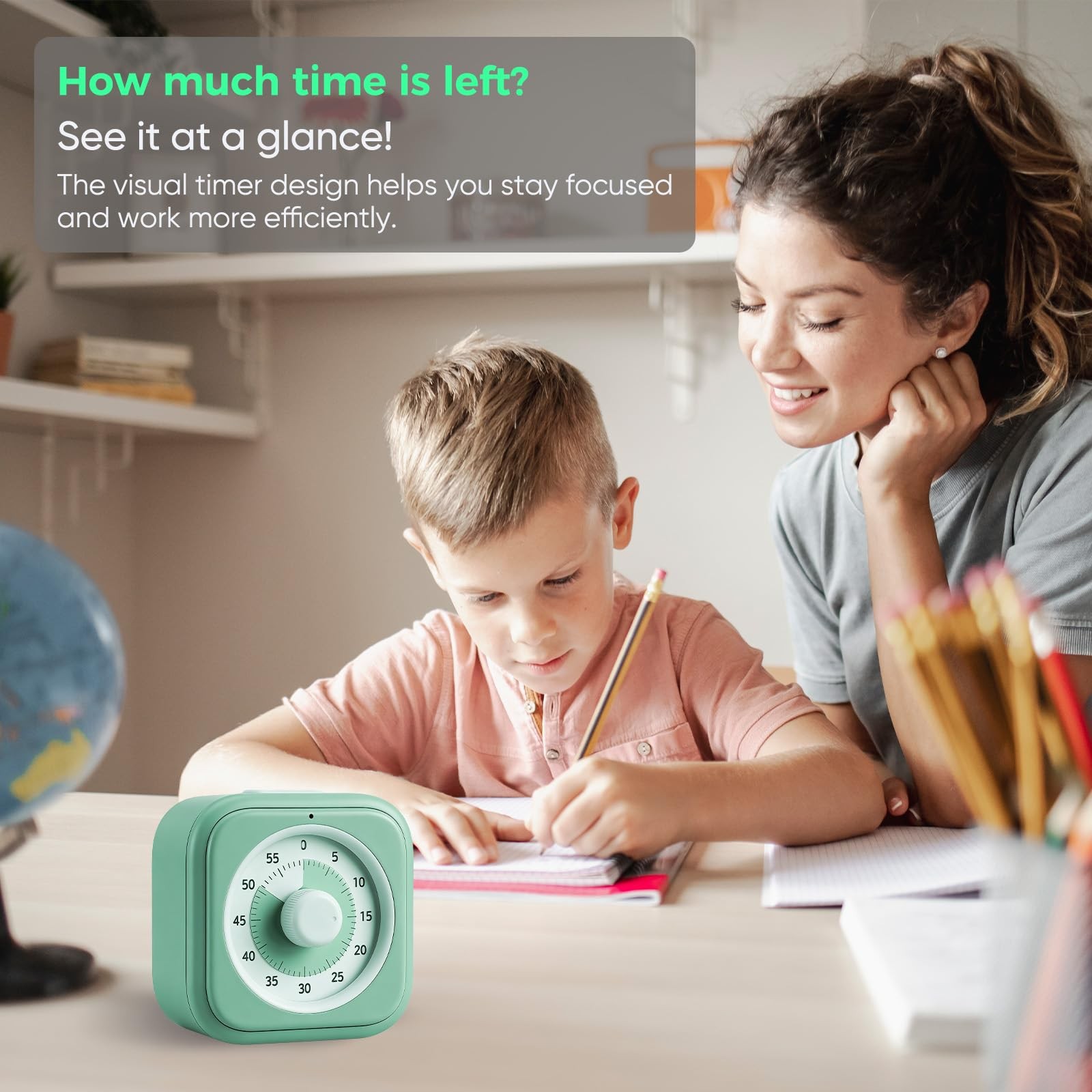 60 Minute Visual Timer for Kids, Silent Countdown Clock, Time Regular, Green
