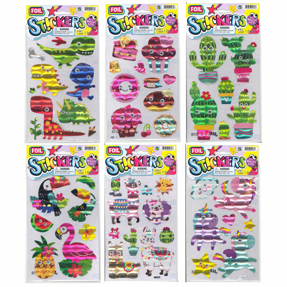 JA-RU Inc. Toys - Foil Stickers w/Wiggly Eyes -SET OF 6 (Cactus, Unicorns, Llama