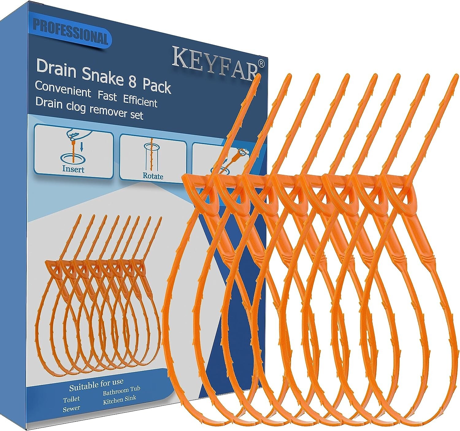 8 Pack 25inch Drain Snake Clog Remover, Drain Hair Remover, Sink Drain Cleaner