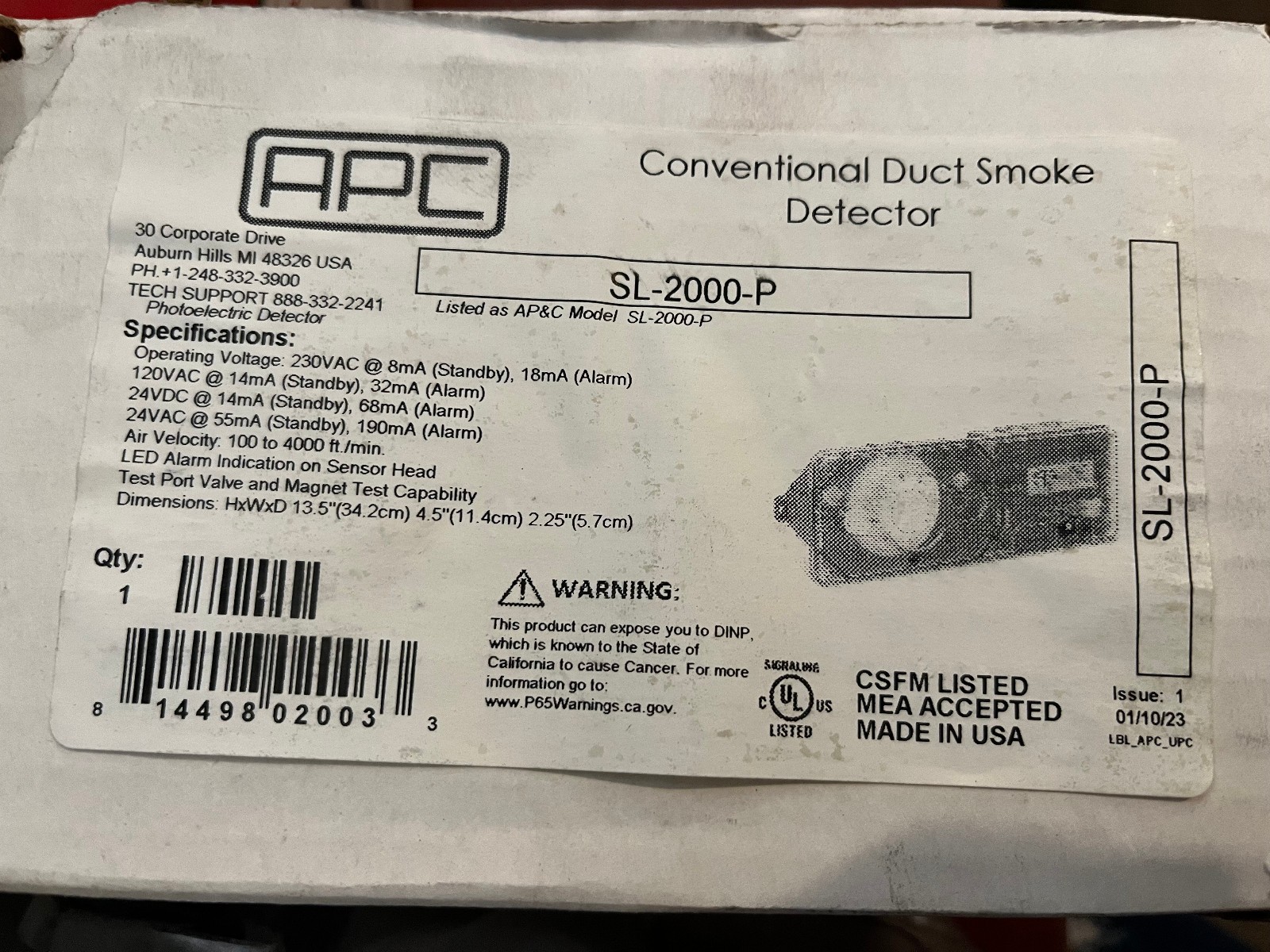 Air Products Controls SL-2000-P 4 Wire Conventional Duct Smoke Detector