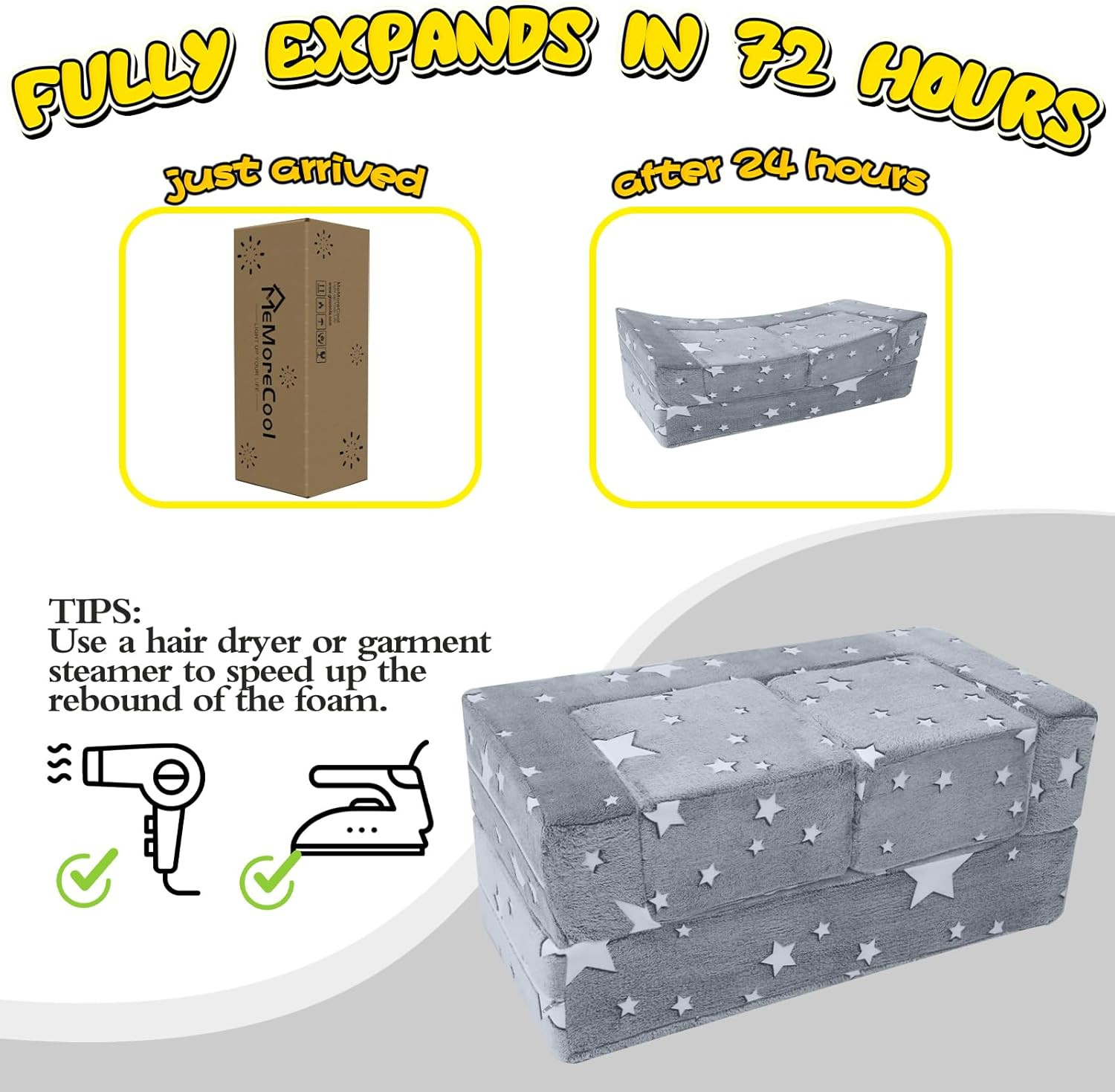 Modular Kids Play Couch Sofa – Glow in the Dark Star Design, Fold-Out Toddler Co