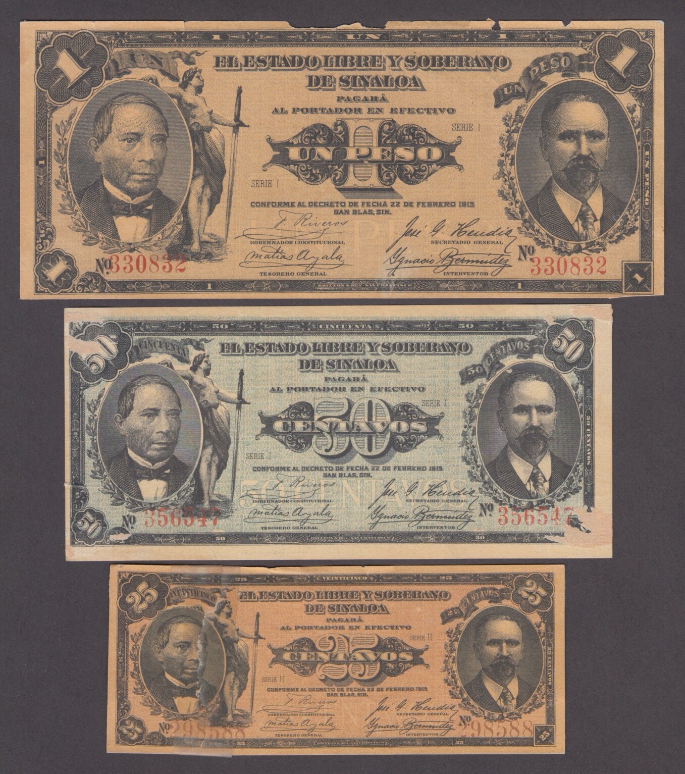 MEXICO-SINALOA P.1041-42-43  25-50 CENTAVOS + 1 PESO REMAINDERS SEE SCANS  2405