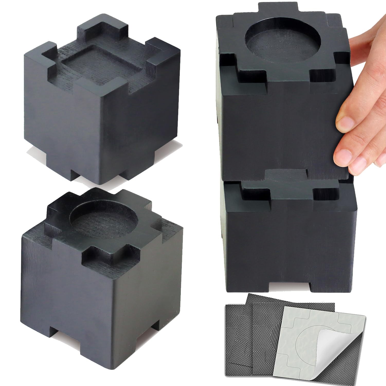 Black Wood Bed Risers NonSlip Rubber Pad Stackable Lifts Extenders 4 Pack