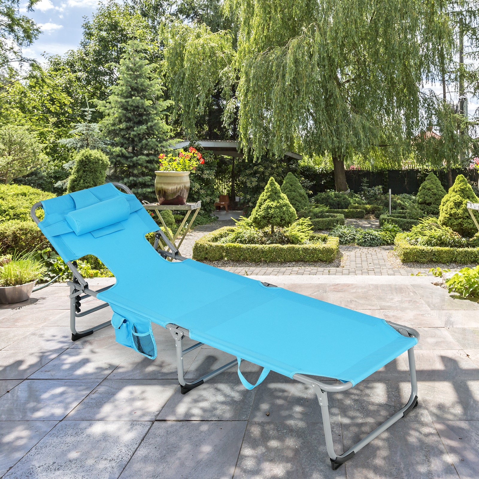 Costway Outdoor Beach Lounge Chair Folding Chaise Lounge with Pillow Turquoise